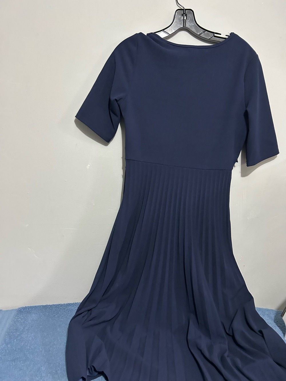 Navy Pleated Midi Dress with Boat Neck - Women